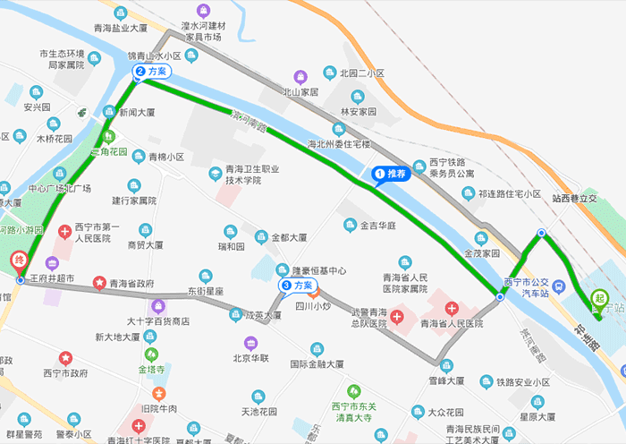 Route map from Xining railway station to downtown