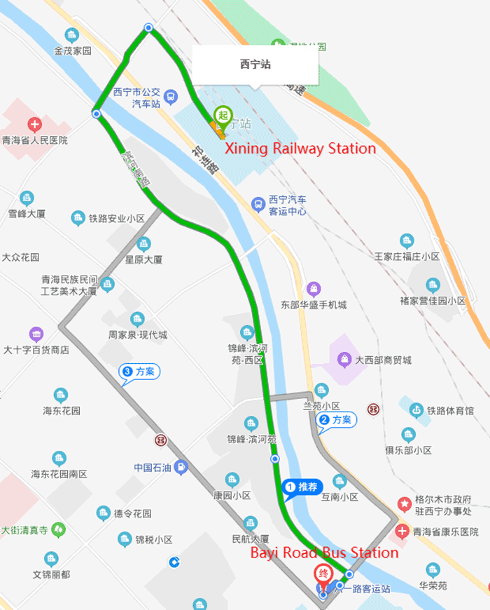 Route Map from Xining Railway Station to Bayi Road Bus Station