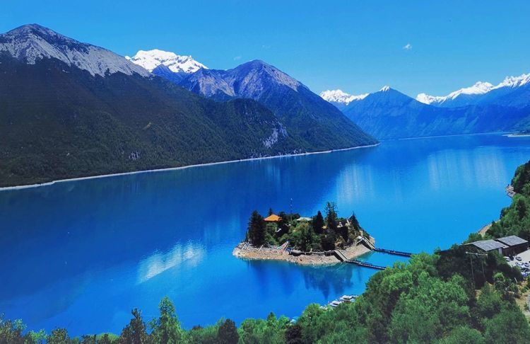 Basum Tso lake and its island temple in eastern Tibet