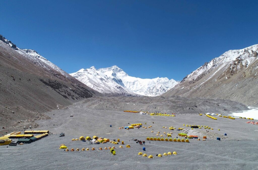 Everest north face above the spring expedition camp at Everest Base Camp, Tibet