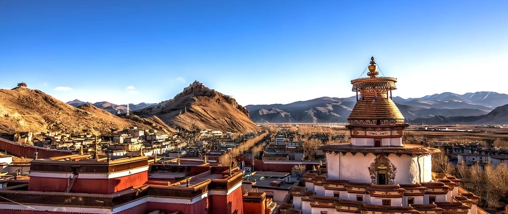 Palkhor Monastery in Gyantse with the old fortress behind
