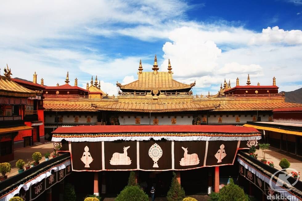 Jokhang Temple roofs and courtyard from above, Lhasa