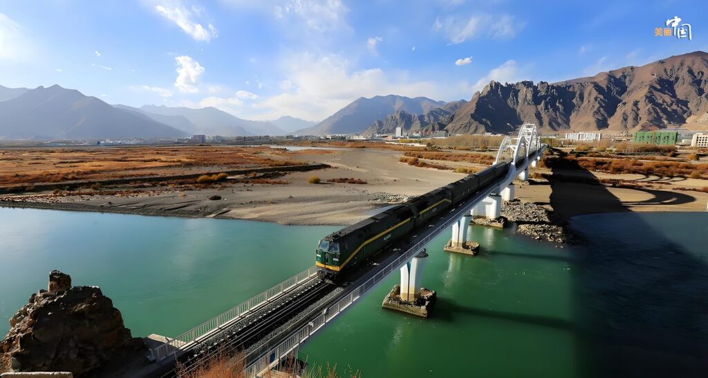 Tibet train crossing the Lhasa River railway bridge