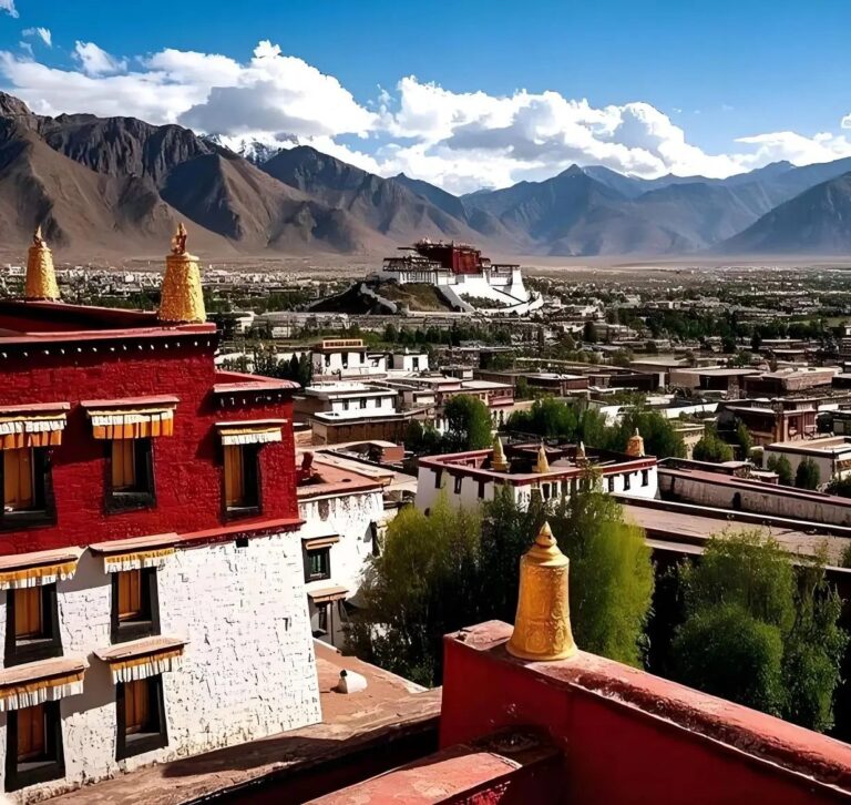 Lhasa rooftops with the Potala Palace in the distance