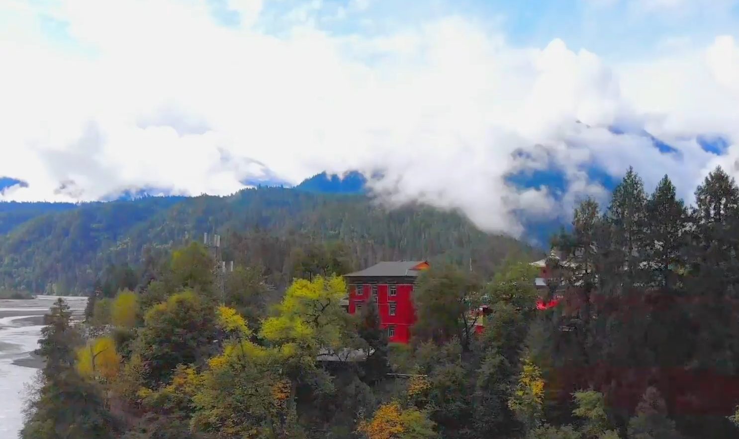 Lulang forest village under low cloud, Nyingchi