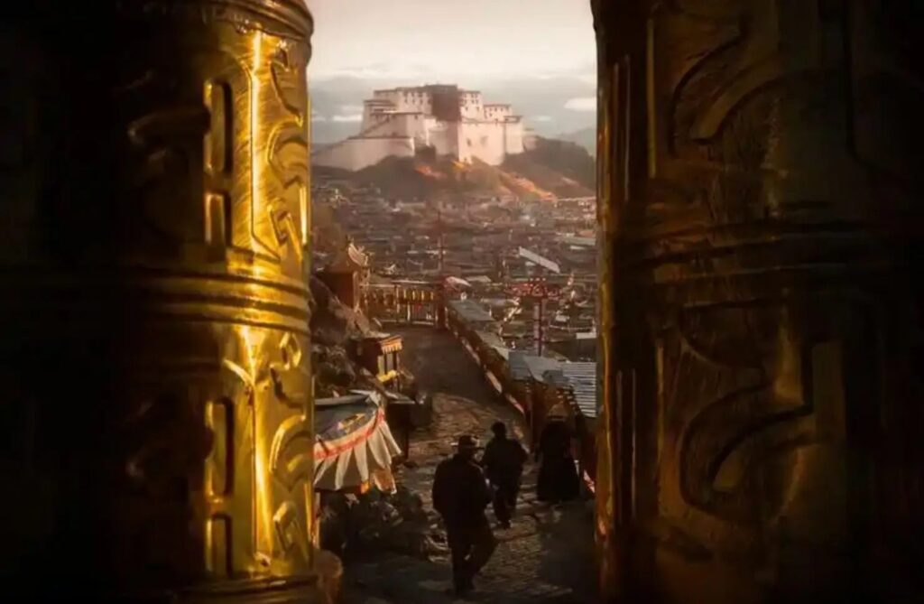 Shigatse Dzong seen between prayer wheels