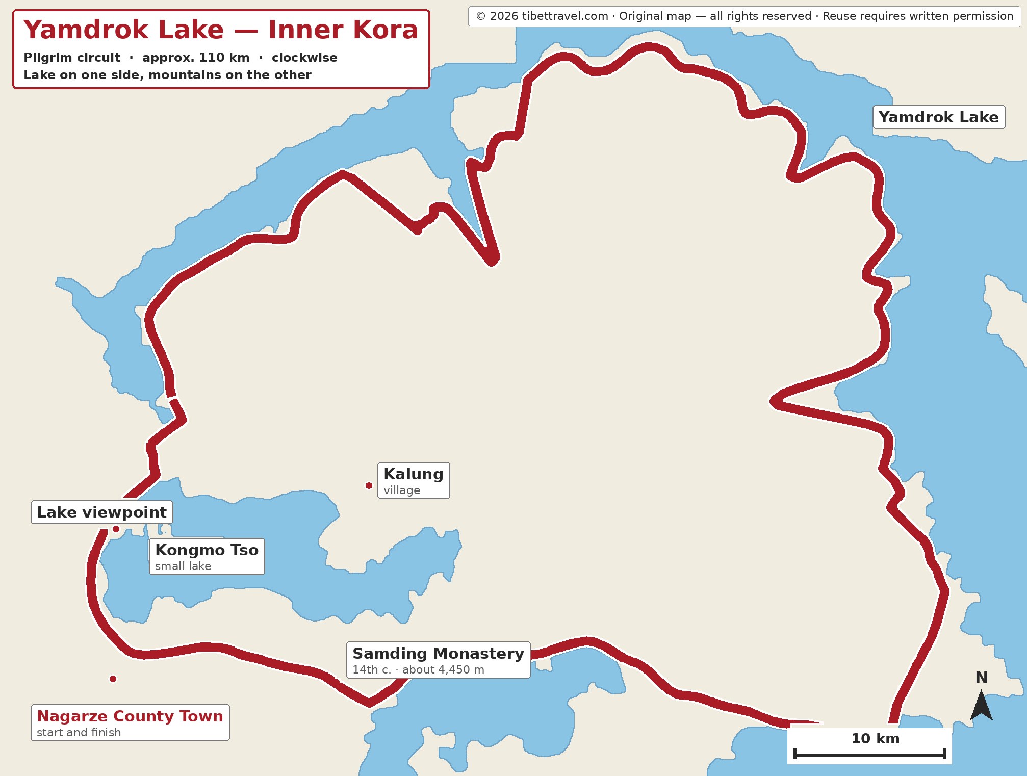 Map of the inner circle of Yamdrok Lake, with the trek along the western and northern shores and across the peninsula by Kalung to Samding Monastery
