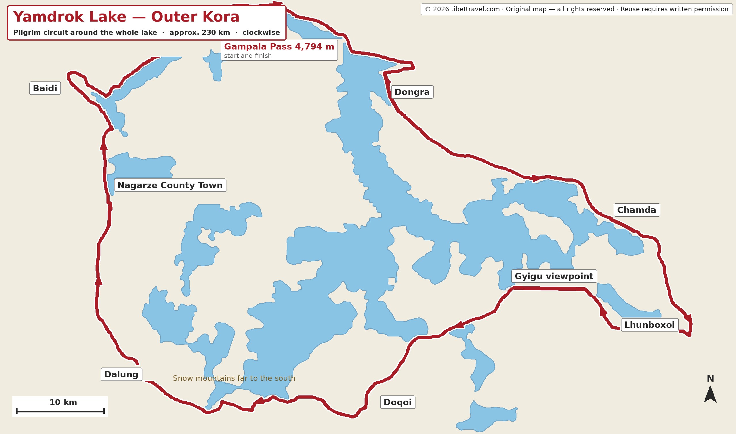 Map of the outer kora around the whole of Yamdrok Lake, from the Gampala Pass through Dongra, Chamda, Gyigu, Doqoi, Dalung, Nagarze and Baidi
