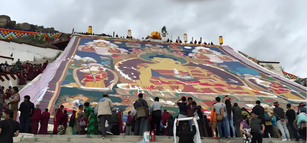 Giant thangka unveiled at Drepung during the Shoton Festival