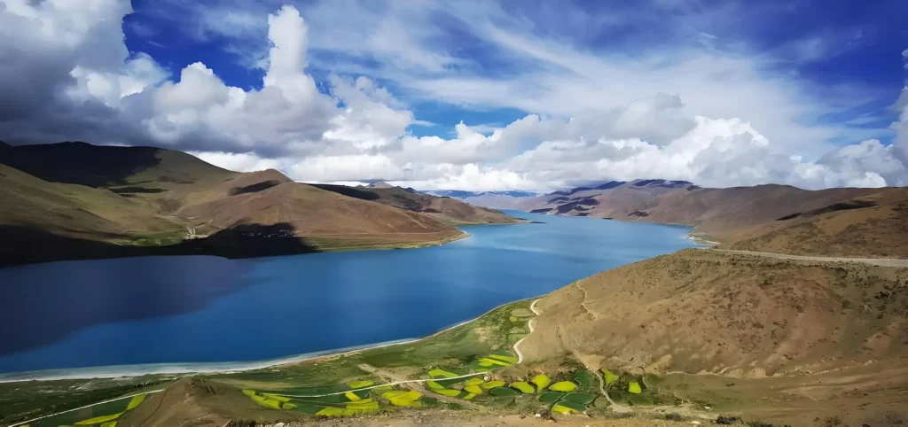 Yamdrok Lake below the mountain road