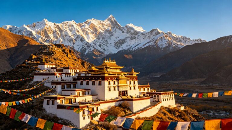 Monastery below a range of snow peaks
