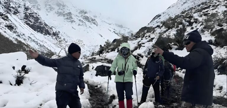 Our guide with trekkers on a snowy pass