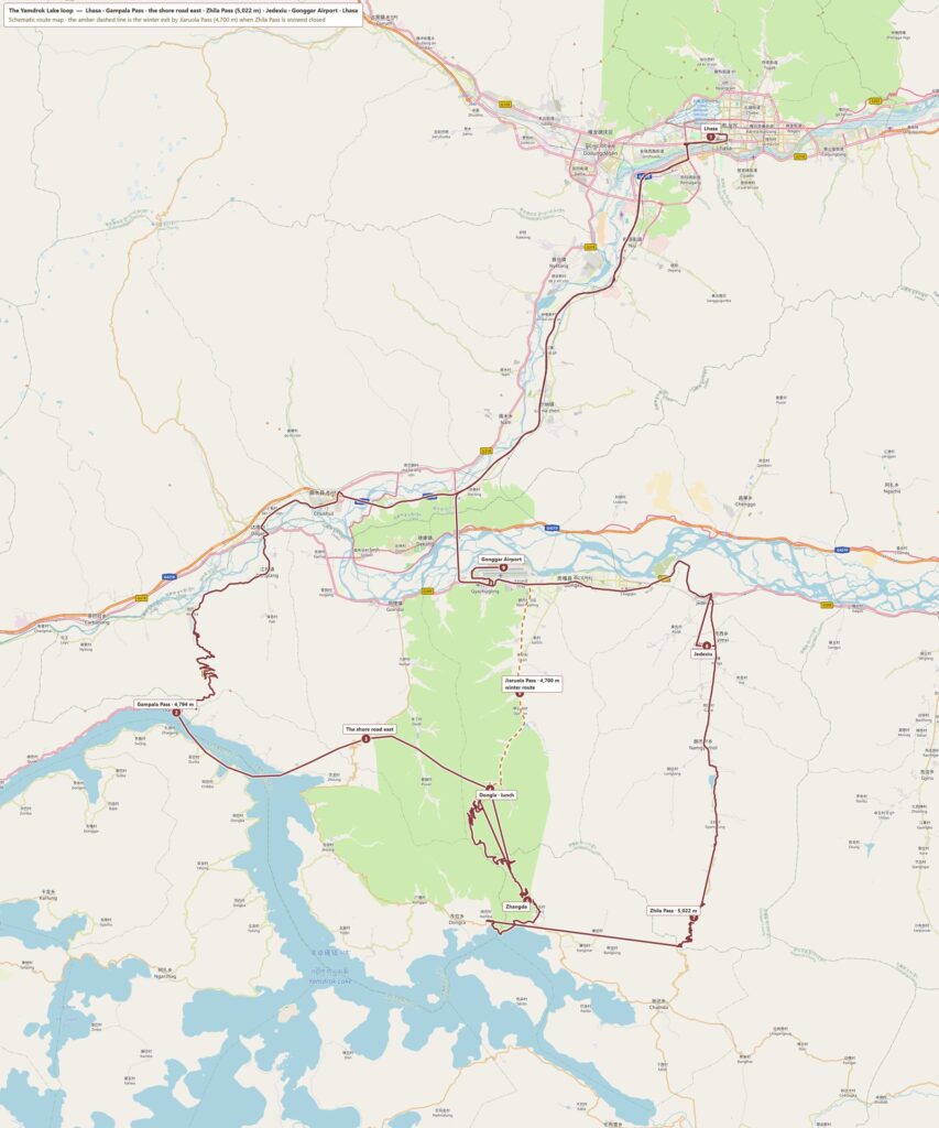 Map of the Yamdrok Lake loop — Gampala Pass, the east shore road, Zhila Pass and the return past Gonggar Airport