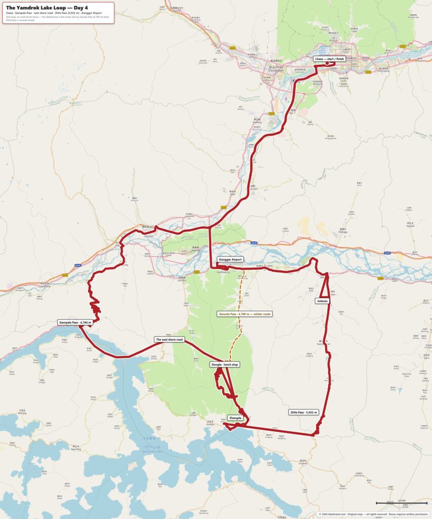 Map of the Yamdrok Lake loop — Gampala Pass, the east shore road, Zhila Pass and the return past Gonggar Airport