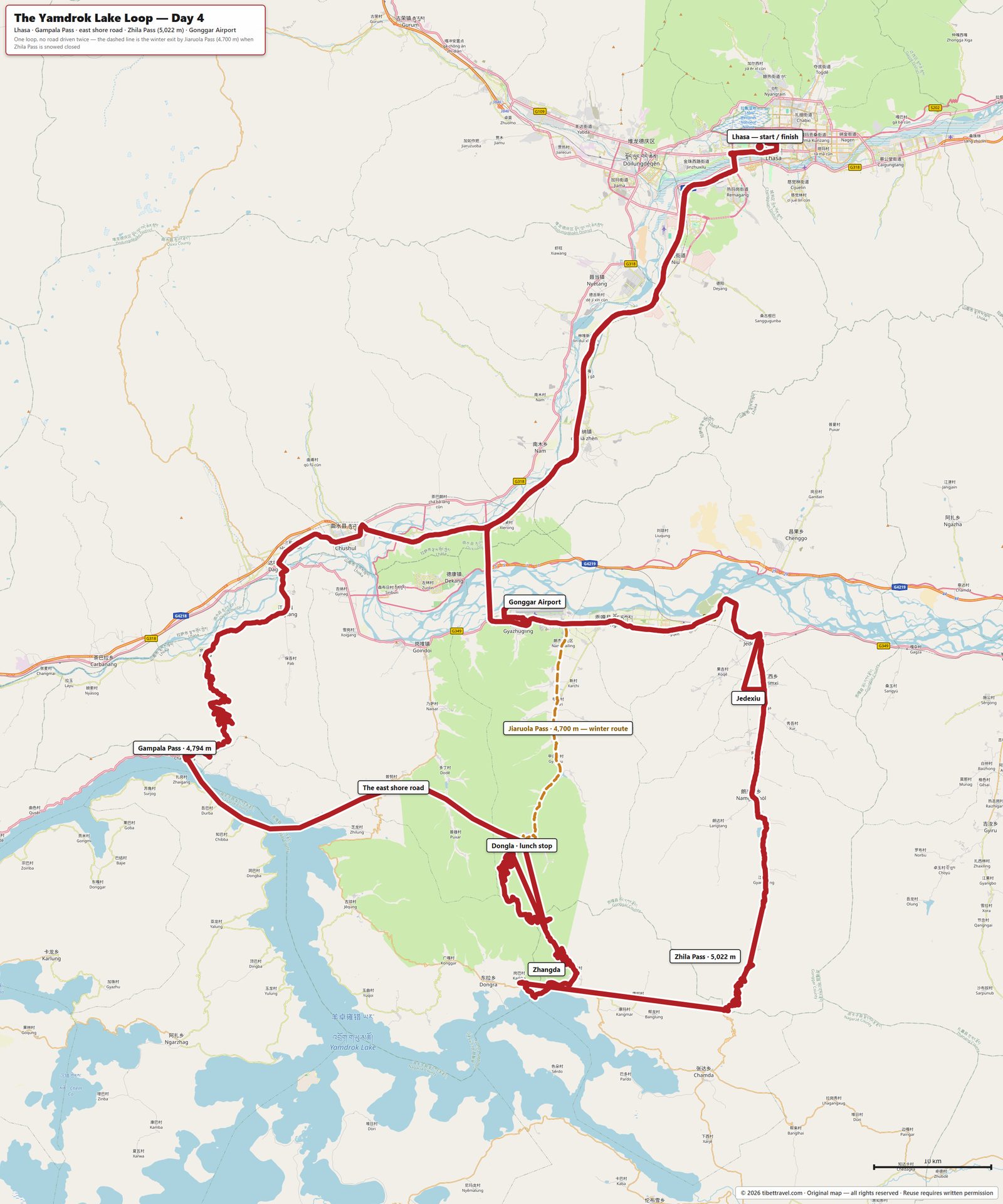Map of the Yamdrok Lake loop — Gampala Pass, the east shore road, Zhila Pass and the return past Gonggar Airport